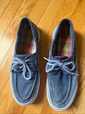 Sperry Blue Canvas Boat Shoes with Plaid Lining